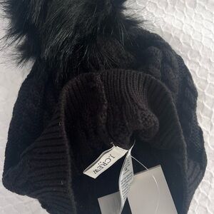 Jocelyn Black Knit Hat with Faux Fur Pom